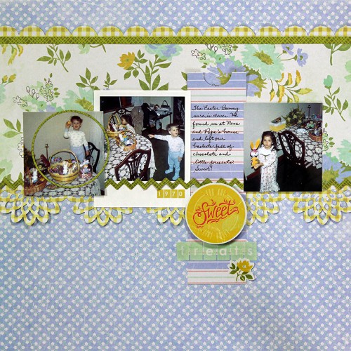 Sweet treats is a scrapbook layout with three 1970s photos of my brother and me on Easter morning.