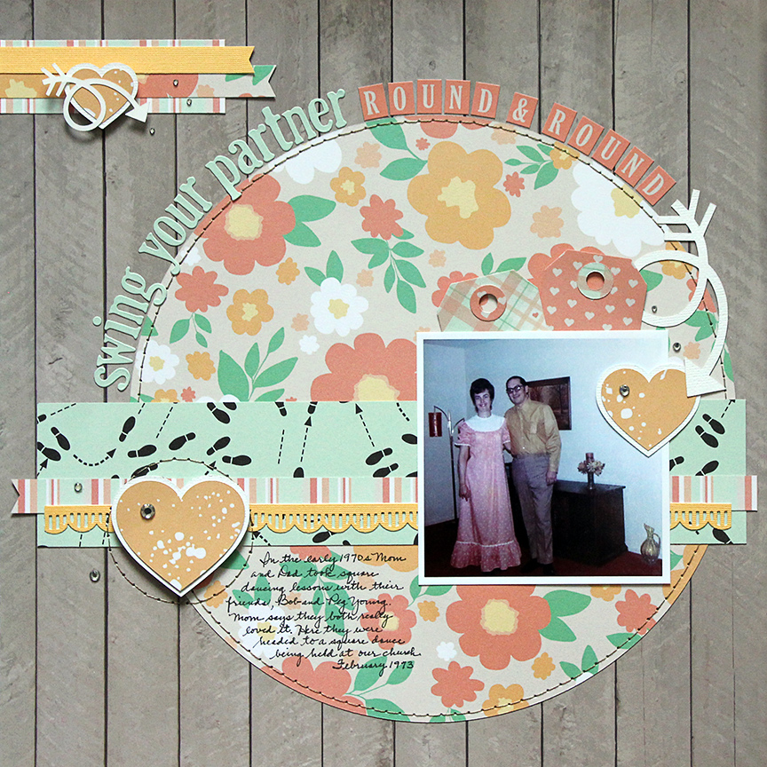 Swing your partner round and round is a scrapbook page with one photo from 1973 and products from Chickaniddy Crafts.