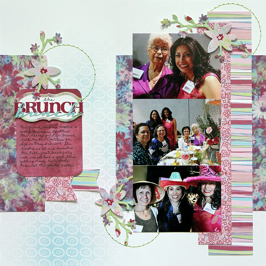 The brunch bunch is a 3-photo scrapbook page based on the July 1, 2015 sketch at Stuck?! Sketches.