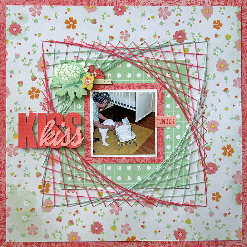This one-photo scrapbook page incorporates a photo frame created with string art.