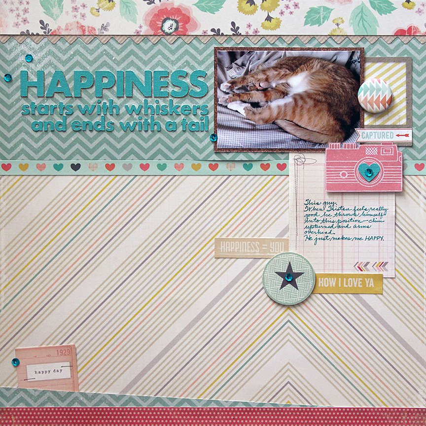 Happiness starts with whiskers and ends with a tail is a scrapbook layout that features a photo of my cat in his happy pose.