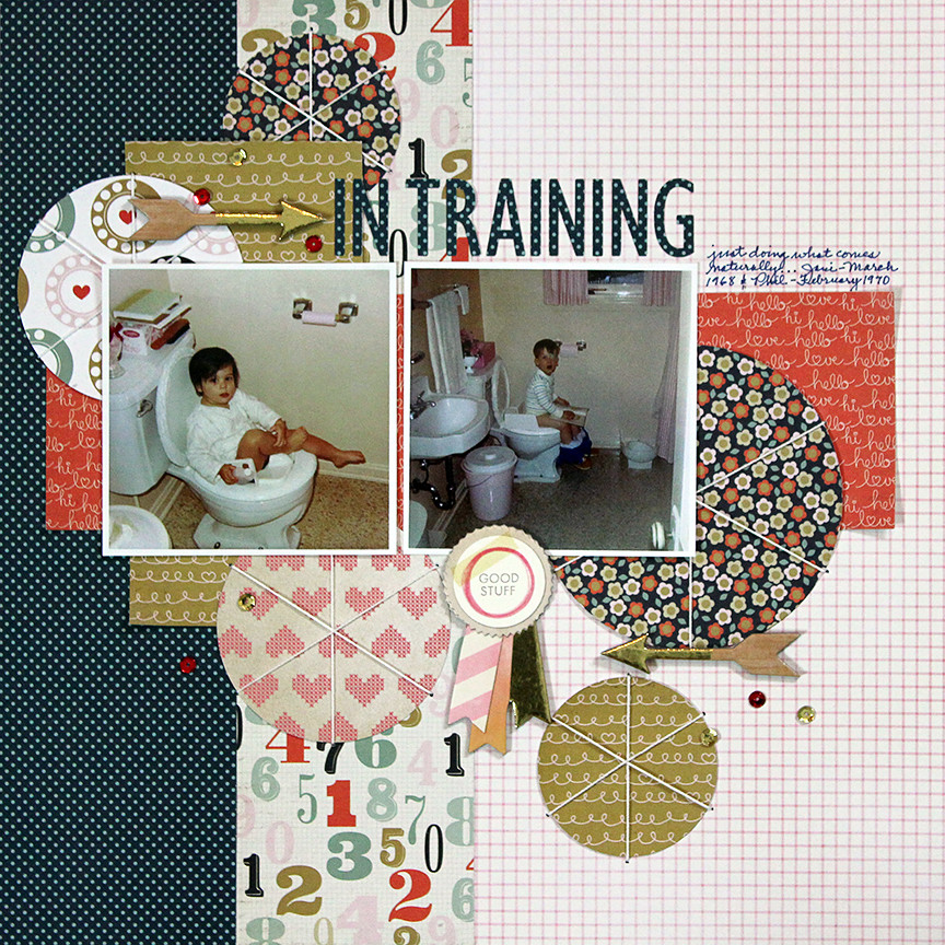 This scrapbook layout uses two photos and products from Pink Paislee's "Switchboard" line.