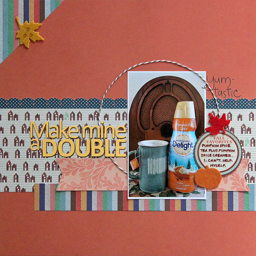 Make mine a double is a one-photo scrapbook layout based on a ScrapMuch? September sketch. 