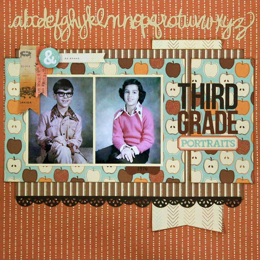 Third grade portraits is a scrapbook page based on a ScrapMuch? September sketch.