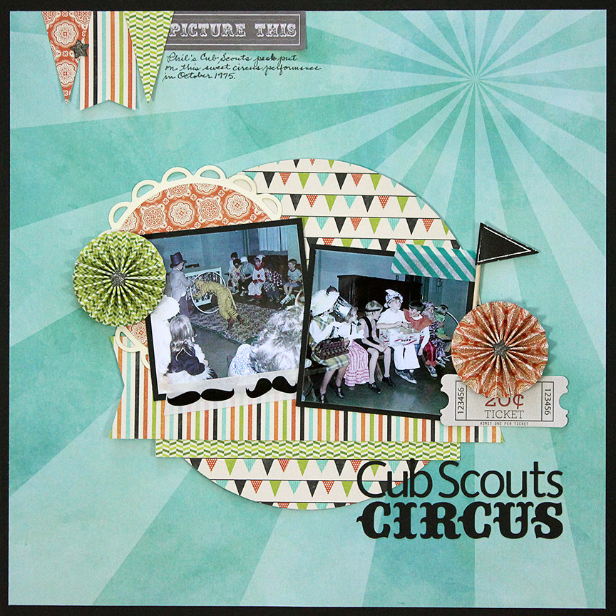 Cub Scout circus is a two-photo scrapbook page using an October 2015 sketch from ScrapMuch?