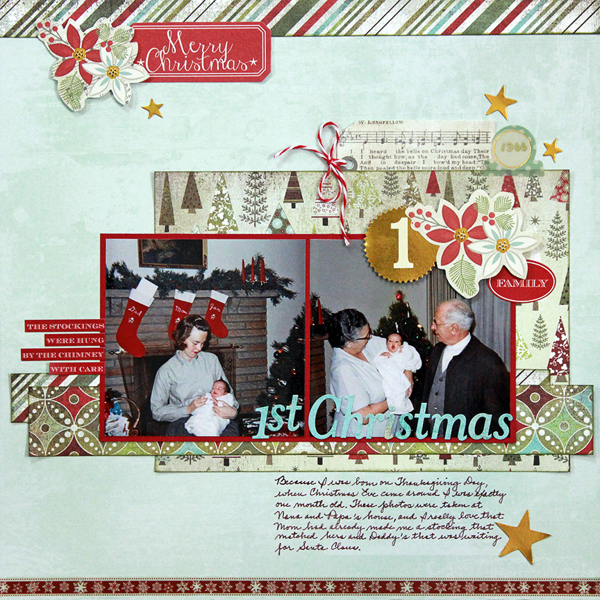 My 1st Christmas is a two-photo scrapbook page that uses patterned paper from BasicGrey's Figgy collection and die cuts from Pink Paislee.