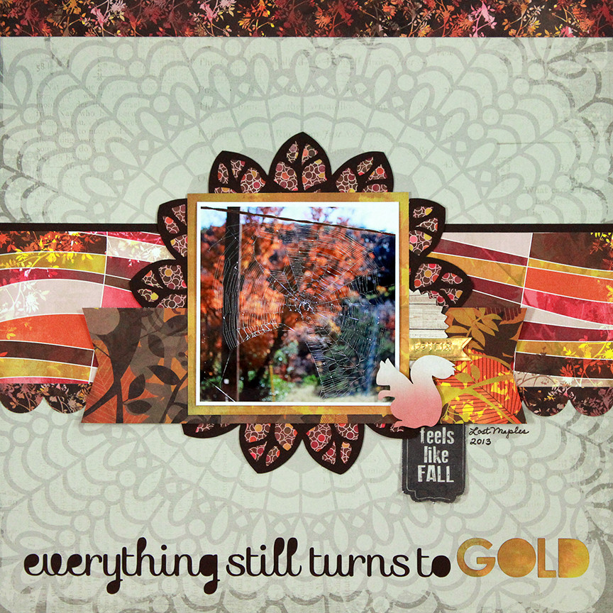 Everything still turns to gold is a one-photo scrapbook page designed using the November 15, 2015 sketch from Stuck Sketches.