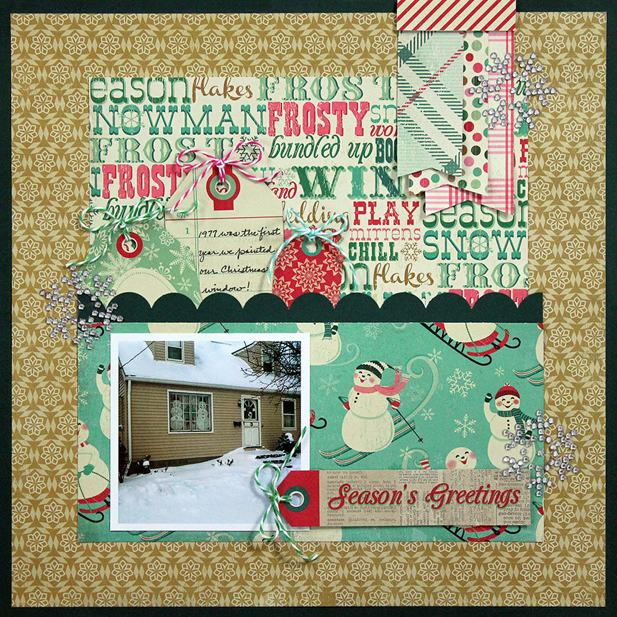 This one-photo scrapbook page uses patterned paper from Crate Paper's Bundled Up collection.