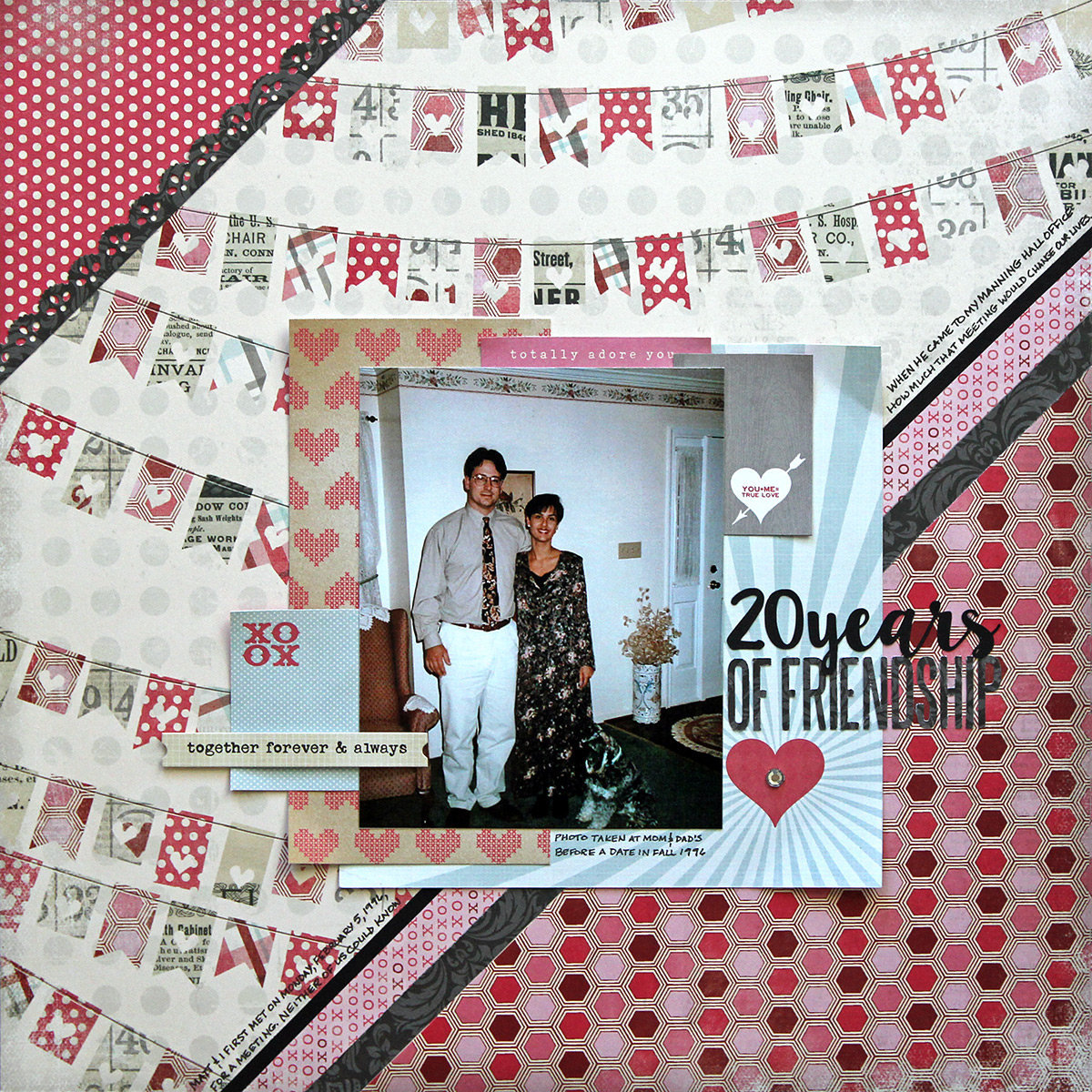 20 years of friendship is a one-photo scrapbook page based on the Let's Get Sketchy February 1st sketch.