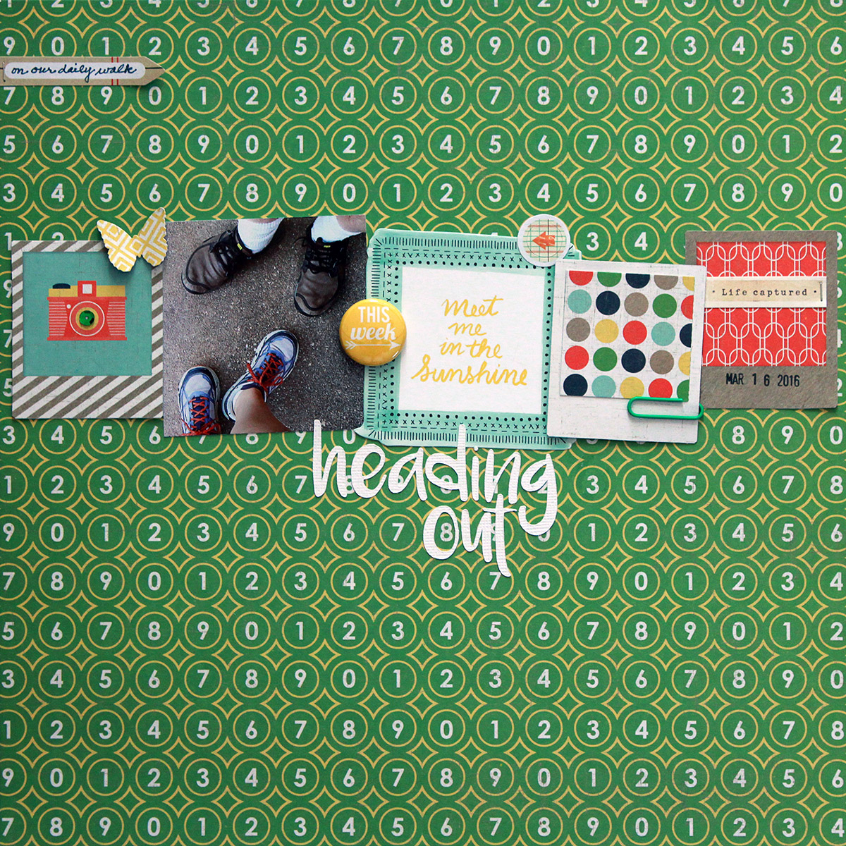 Heading out is a one-photo scrapbook page made with the We R Notable collection.