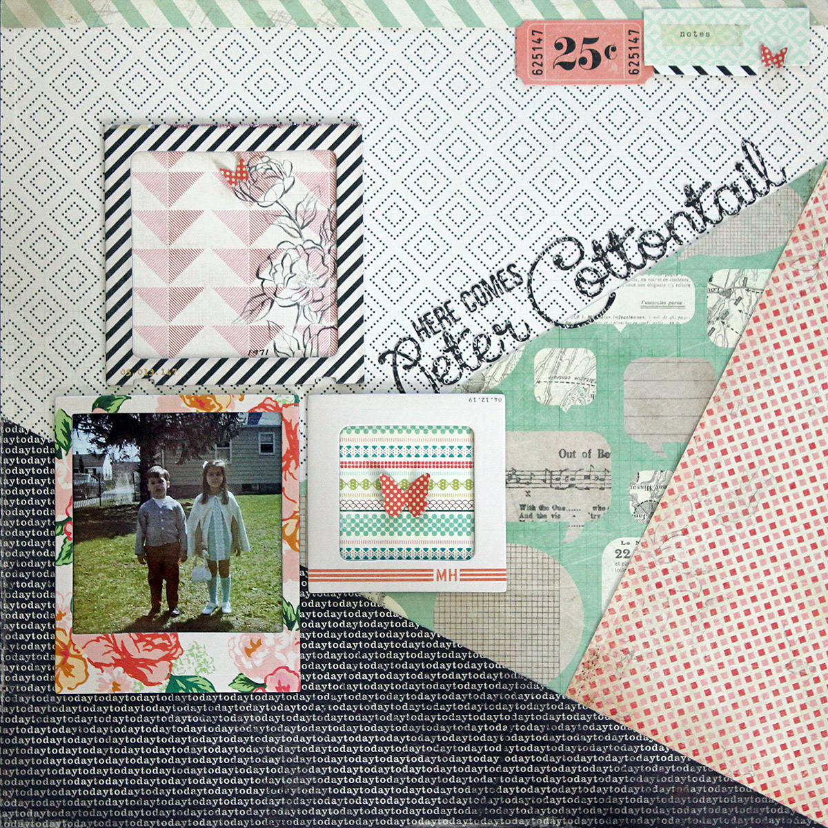 Here comes Peter Cottontail is a one-photo scrapbook page with a photo taken on Easter 1971.