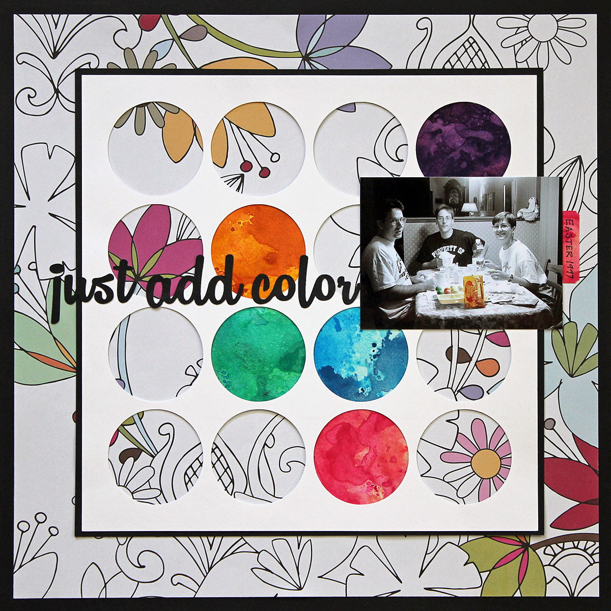 Just add color is a one-photo scrapbook page using one piece of patterned paper and watercolor paper with Distress Inks.
