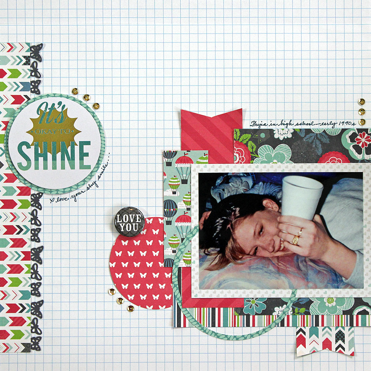 It's okay to shine is a one-photo scrapbook layout using products from Echo Park and a sketch from Let's Get Sketchy.