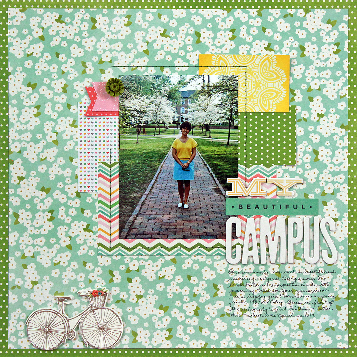 My beautiful campus is a 1-photo scrapbook page that follows the April 15, 2016 Stuck?! Sketches sketch and uses papers from Pebbles.
