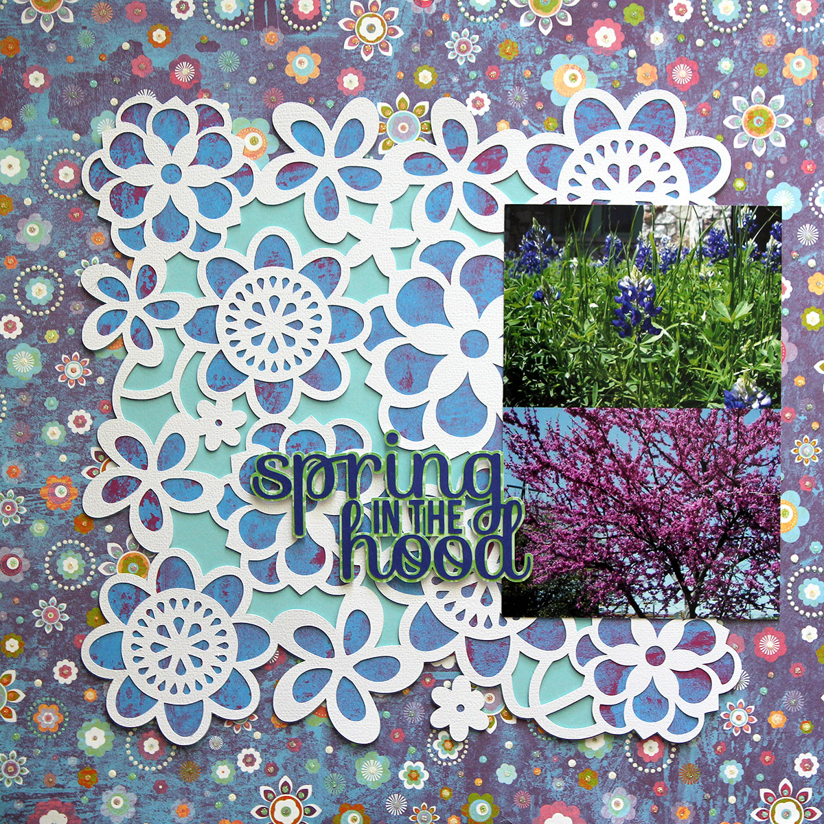 Spring in the hood is a 2-photo scrapbook page featuring supplies from DCWV.