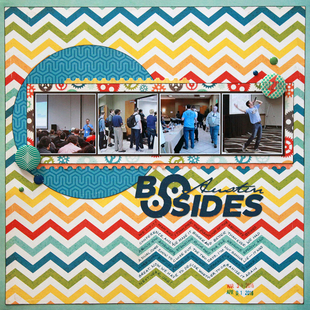 BSides Austin is a 4-photo scrapbook layout based on the June 15, 2016 sketch from Stuck?! Sketches.