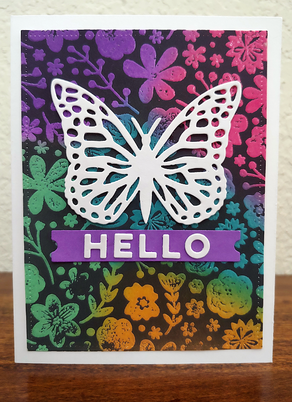 I created this hello butterfly card for the Encouraging Cards for Seniors challenge at Ellen Hutson's blog.