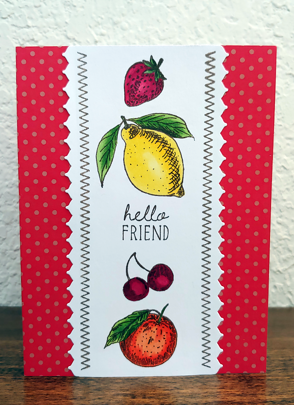 I created this "hello friend" fruit card for the Encouraging Cards for Seniors challenge at Ellen Hutson's blog.